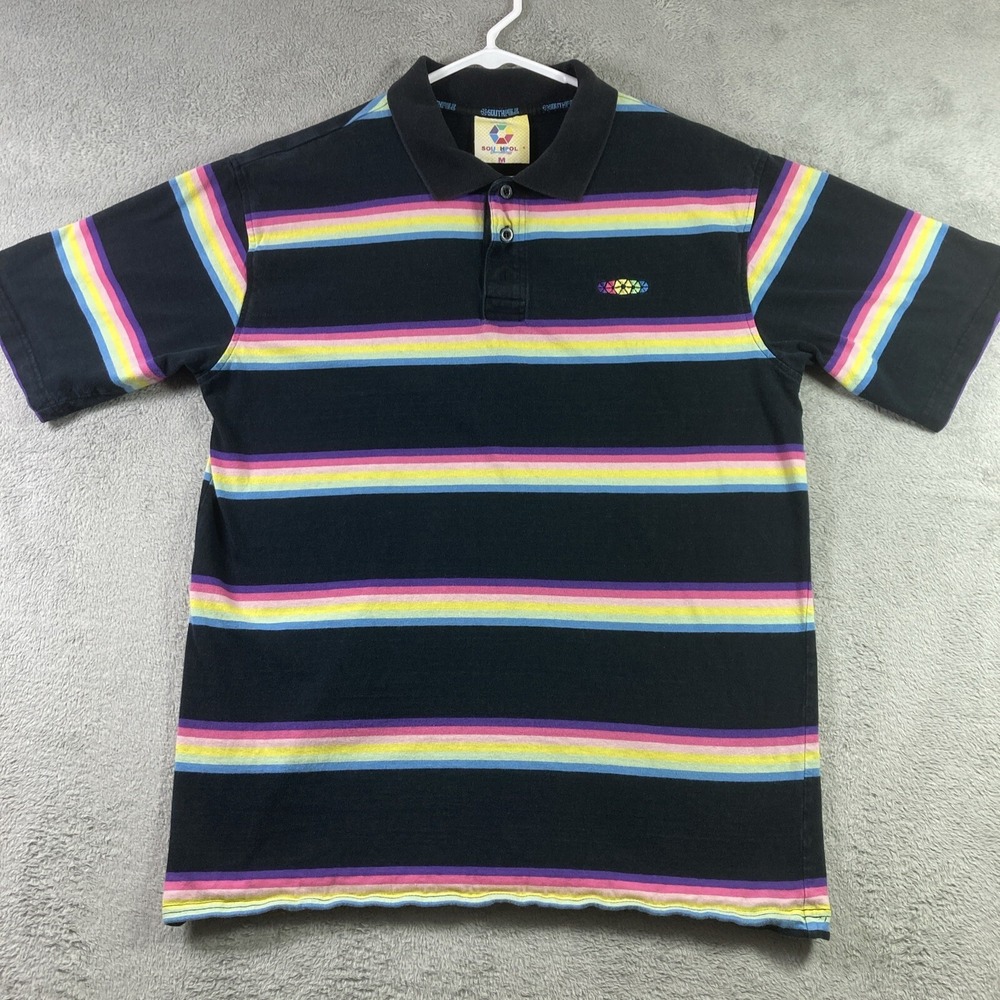 Vintage South Pole Polo Shirt Men Medium Striped Black Rainbow Y2K Short Sleeve